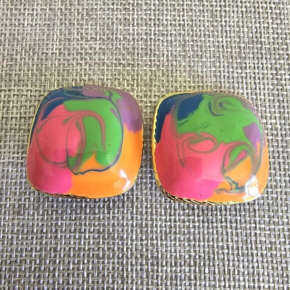 Vintage Earrings Orange Green Art Deco Gold Pink Mid Century  MCM 80 Clip On - Picture 3 of 7
